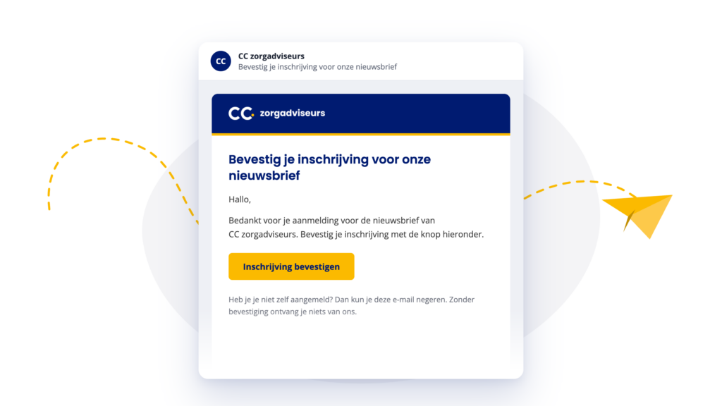 Voorbeeld van de bevestigingsmail voor de nieuwsbrief van CC zorgadviseurs